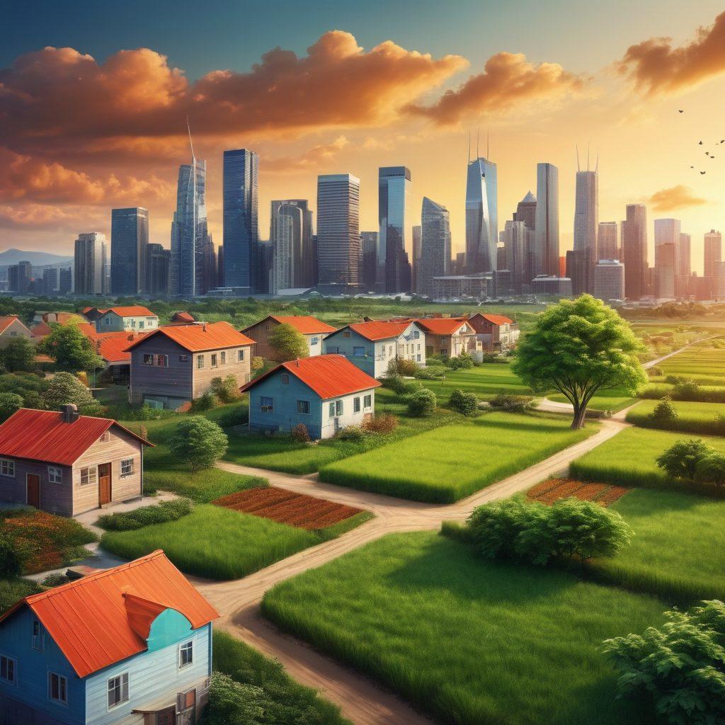 A contrasting scene depicting a vibrant rural landscape on one side, showcasing small houses and farmland, and a bustling urban skyline on the other, with sleek skyscrapers and advanced infrastructure. In the middle, a symbolic representation of growth, such as a tree sprouting from the earth transitioning into a high-rise building. Highlight the theme of investment success with visual elements like graphs and dollar signs subtly integrated into the background. super-realistic. vibrant colors. 3D.