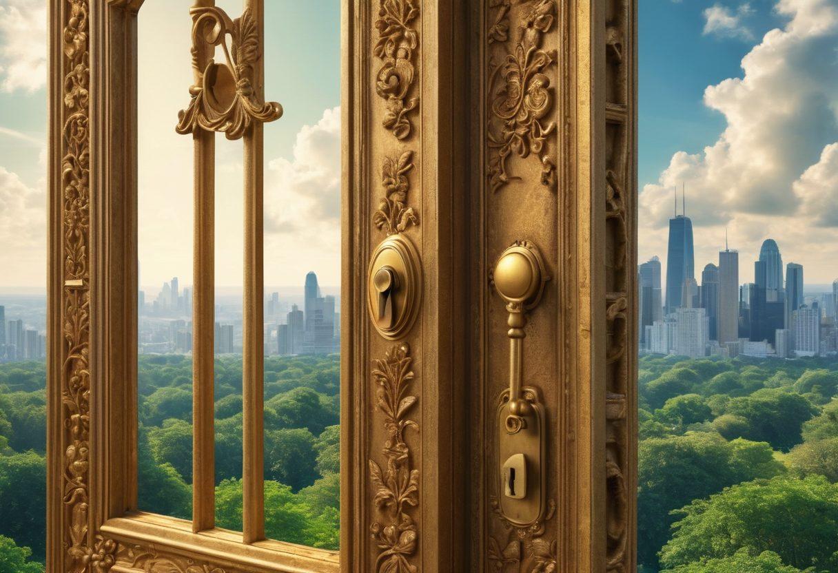 A golden key unlocking a vintage, ornate door with a faded 'For Sale' sign, surrounded by lush green landscapes and towering skyscrapers in the distance. Illustrate the essence of land ownership with a serene home silhouette under a clear blue sky, symbolizing smart investments. A subtle overlay of graphs and charts to suggest growth and strategy. vibrant colors. super-realistic.