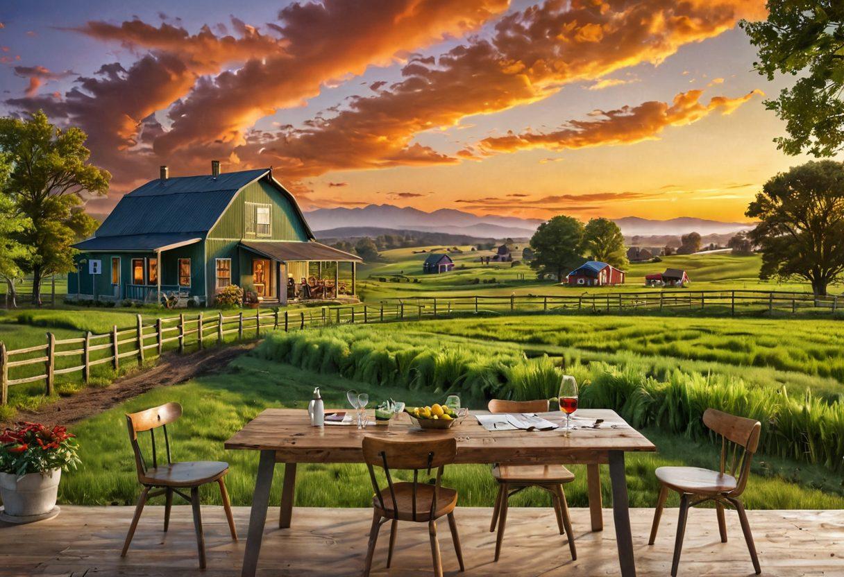 A thriving farmland landscape at sunset, showcasing lush green fields divided by fences, with a family discussing land plans around a sturdy wooden table. In the background, various signs of 'For Sale' and 'Leased' sprinkle the scenery, while an overlay of upward-trending financial graphs adds a modern touch. Include vibrant colors and a warm, inviting atmosphere to symbolize prosperity. super-realistic. vibrant colors. 3D.